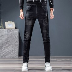 Dobrother Jua Jeans男款黑色牛仔褲修身牛仔褲彈性水洗塗鴉緊身牛仔褲