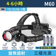 微笑鯊 TD0158 變焦高亮頭燈 LED強光頭燈 遠射頭燈 夜釣燈 露營頭燈 照明燈, 1個, 【三電】微笑鯊 TD-0158-M60