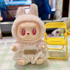 Labubu 坐坐派對系列 娃衣 甜筒揹帶褲套裝, 1個, 白色小熊泡泡揹帶褲,二代鑰匙扣拉布布娃衣 不含娃娃