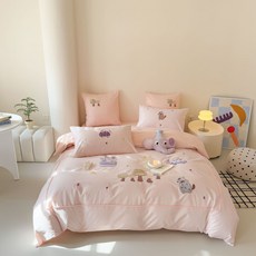 卡通清新全棉水洗棉四件套可愛動物刺繡純棉被套兒童1.2/1.5m牀品, 1個, 水洗棉-動物城-粉色(送抱枕):1.2m牀單款三件套(被套150*200cm)
