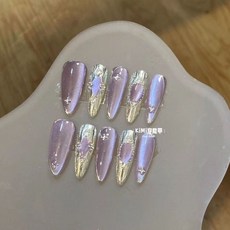 紫葡萄貓眼 絲綢晶石 冰透水光 穿戴甲, 1個, 紫葡萄, L, 長杏仁