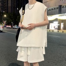 休閒運動套裝男夏季冰絲坎肩背心男穿搭一整套無袖t卹高級感衣服