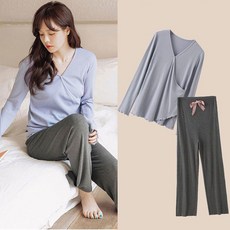 임산부 잠옷 상하의 세트 봄 가을 임부용 브이넥 긴팔 실내복 세트 편안한 수유 홈웨어 JS