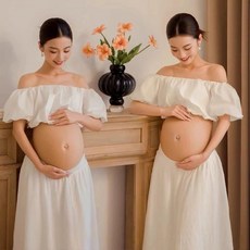 블랙 만삭 촬영 사진 투피스 주수 임산부 옷 의상 오프숄더, 화이트 오프숄더 퍼프소매 45~75kg