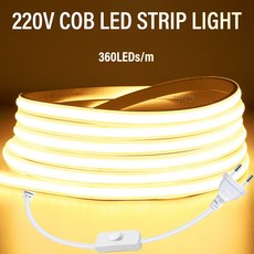 COB LED 스트립 조명 360Led/M 220V EU 플러그 RA 90 따뜻한 흰색 3000K 4000K 6000K 테이프 침실 주방용 방수, 22) EU 360led on-off - White 6
