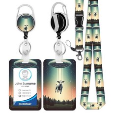 HAKUNEI 자폐증 인식 퍼즐 배지 홀더 접이식 릴 포함 기린 ID 카드 배지 케이스 카라비너 클립 포함 ID 카드 이름표 배지 프로텍터 커버 직장 사무실 간호사, Ufo Cow