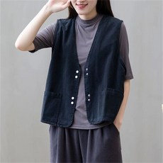 TKX 여성 봄 가을 코튼 브이넥 버튼 베스트 캐주얼 루즈핏 데일리 무지 민소매 포켓 조끼 레이어드