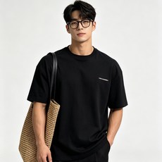 남성용 헤비 미니멀 전후면 이중 프린트 가슴 미니 레터링 로고 백 다중 행 영문 루즈 빅 드롭 숄더 반팔 티셔츠