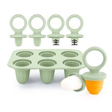 新品嬰兒磨牙冰塊雪糕模具食品硅膠冰糕冰棒六連冰淇淋冰激凌磨具, 【墨綠-磨牙冰棒6連】B款底託+3圓柄空心+3圓柄實心:如圖所示