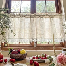 수제 코튼 린넨 주방 짧은 커튼 크로셰 레이스 할로우 태슬 베이지 밸런스 커튼 카페 주방 문짝 창 드레이