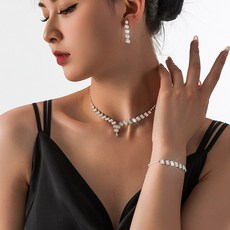 FANSYLI 신부 웨딩 주얼리 세트 여성 큐빅 목걸이+귀걸이+팔찌 3종 세트 패션 파티 드레스 주얼리 세트 목걸이귀걸이세트 W2508A12