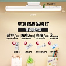磁吸燈 30cm 可旋轉護眼檯燈, 白色（充插兩用款）+智能遙控+線