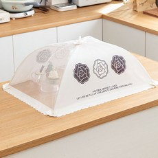 新款加粗防蠅可折疊餐蓋罩 網紗防塵餐桌罩, 1個, 加粗可折疊【山茶花】-長方形米白