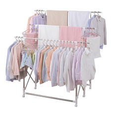 【雙手萬能】多功能不鏽鋼三桿伸縮曬衣架-附滾輪 贈10入防風扣, 白色+銀色