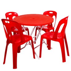 지오리빙 플라스틱 테이블 의자 세트, 원형+등받이(레드)