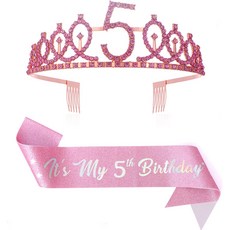 디미티 5번째 생일 티아라 크라운과 새시 세트 소녀 장식 소녀를 위한 선물, Pink