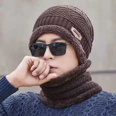 男士加絨保暖針織毛線帽圍脖套裝, 帽子圍脖咖啡色