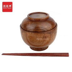 熱銷 復古風手工整木實木木頭套碗 多用碗兒童碗 奶茶碗 泡麪木碗帶蓋 木碗, 約直徑12高10釐米整木碗+筷A, 1個