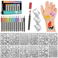 136 PCS Temporary Tattoos Stencils Kit Kit - 6 Pcs Tattoo Cones 3 Color(Brown Black Red) Ink DIY, 스텐실 12장+마커 12개
