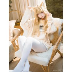 貓娘黃豆粉COS服 重磅純棉二次元日常服, 1個, 卡其色-圓領【重磅350g純棉】,XL