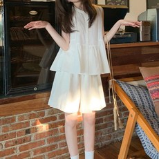 韓系娃娃衫裙褲套裝 女 夏季 甜美減齡 上衣褲子兩件套, 白色褲子