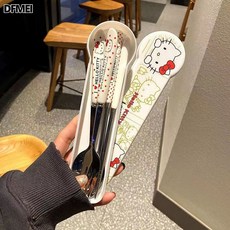 DFMEI 可愛卡通筷子叉子套裝學生便攜上班族帶飯旅行外出餐具, 心貓【高品質加厚】叉子＋筷子【贈盒子】:如圖, 1個