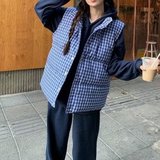 체크무늬 민소매 면 조끼 여성용 가을 겨울 스탠드업 칼라 조끼 재킷