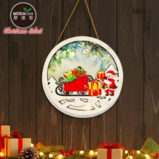 摩達客 圓形木質聖誕老公公拉雪橇彩繪造型吊飾-含燈暖白光-交換禮物耶誕派對佈置, 1個