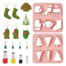 Craftdady 크리스마스 폴리머 클레이 커터 12가지 스타일 플라스틱 클레이 귀걸이 커터 크리스마스 트리 장갑 스타킹 클레이 몰드 구멍 펀치 포함 공예 DIY 주얼리 제작, 핑크, 크리스마스 테마
