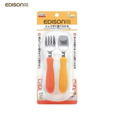 Edison 嬰幼兒學習餐具組 防滑設計, 1個, 叉匙組-紅橘（附收納盒）