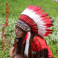 酋長帽 印第安頭飾 派對 道具 走秀 舞台表演 化裝舞會 重機 cosplay 扮裝 印地安帽子 原住民風【自然屋精品】, 大紅