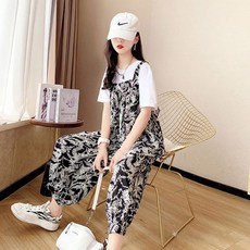 ORZQU 여성 여름 라운드 반팔 티셔츠 투피스 멜빵바지 세트