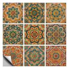 PVC 타일 시트지 세트 다양한 패턴 방수 주방 욕실 리폼 장식 15x15cm 9가지 다른 디자인 1세트 총 18개, 레트로 카라색