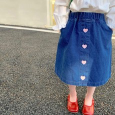 앨리홈 핑크하트데님스커트 여아 롱스커트 주름 캉캉 스트라이프 치마 유아동 여름 데일리룩 러블리