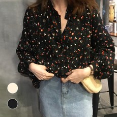 쉬폰 플로럴 블라우스 구김없는 퍼프 긴팔 루즈핏 셔츠 블랙 여성 가을 봄가을 캐주얼 벌룬 소매