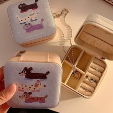 귀여운 아기 고양이 강아지 보석함 휴대용 액세서리 귀걸이 반지 수납함 작은 만화 목걸이 보석함, 보석함 - 핑크색 벨벳 보석 가방 [닥스훈트]