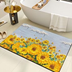 3D油畫浴室墊家用衛生間進門吸水地墊防滑硅藻泥廁所墊植物花卉向日葵長方40*60, 1個, 向日葵長方