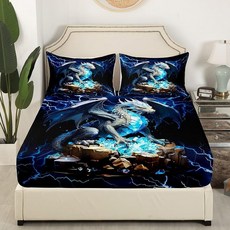 드래곤 침구 세트 트윈 사이즈 블루 다이아몬드 침대 소녀 청소년 침실 장식 어린이 라이트닝 매트리스 커버 부드러운 극세사 쿨 (매트리스 1장+베개 1개), 드래곤 02, TWIN (W39*L75*H16")