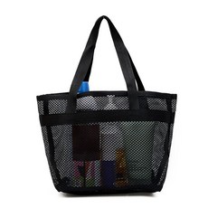 手提網眼沙灘包洗澡遊泳浴包大容量網布控水便攜收納包網紅洗漱包 KB1U, 黑色