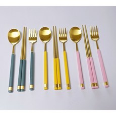 보겐 카라 키즈 숟가락 + 젓가락 + 포크, 골드 + 올리브, 1세트