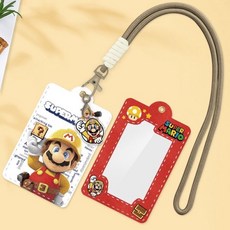 卡套飯卡校園卡學生校牌掛繩保護套 - 高顏值可愛ins風, 1個, 黃帽馬里奧【咖啡繩+長款】