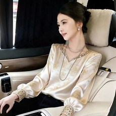 ORZQU 여름 여성 패션 루즈핏 트렌디 캐주얼 개량 한복 셔츠 스타일 긴팔 브이넥 프린트 디자인 감각의 스타일 상의