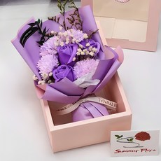 대형 장미 카네이션 축하 꽃다발+포장박스+쇼핑백+led+메세지카드 포함, 보라