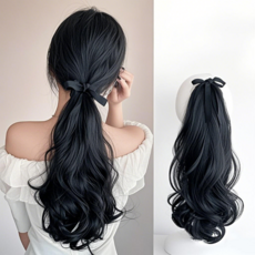 상덕 포니테일가발 웨이브 무광 끈 묶음형 머릿결 좋은 (똥머리가능), 1개, 블랙