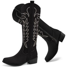 Ecetana 여성용 카우보이 부츠 무릎 높이 스웨이드 웨스턴 카우걸 부츠 포인티드 토 청키 힐 톨 부츠 파티 콘서트용 블랙.