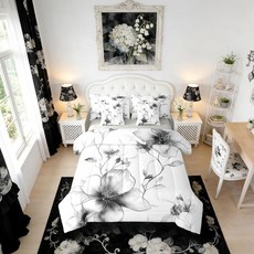 Erosebridal 블랙 앤 화이트 꽃무늬 이불 세트 시트 포함 트윈 보헤미안 플라워 7피스 침구 여성용 남성용 예술적인 수채화 침대 잉크 페인팅 스타일 꽃 & 나뭇잎 가방, 흑백