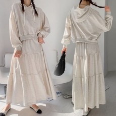 보리맘 크롭 후드 티셔츠 캉캉 롱 스커트 세트 봄 Fc355