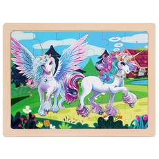 木質24片兒童卡通童話平面木製拼板早教益智力玩具, 大號24片-獨角獸4, 1個