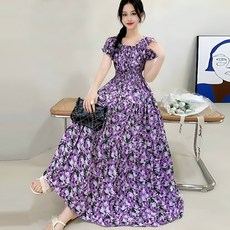 플로럴 오프숄더 롱원피스 면 실크 혼방 신축성 허리 보헤미안 비치웨어 휴양지 바캉스 스타일