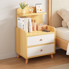 Kurua 침대 협탁 원목 2단 서랍장 수납장 발통형 거실 쇼파 침실, 강한 하중/소재+높이 증가+우드색